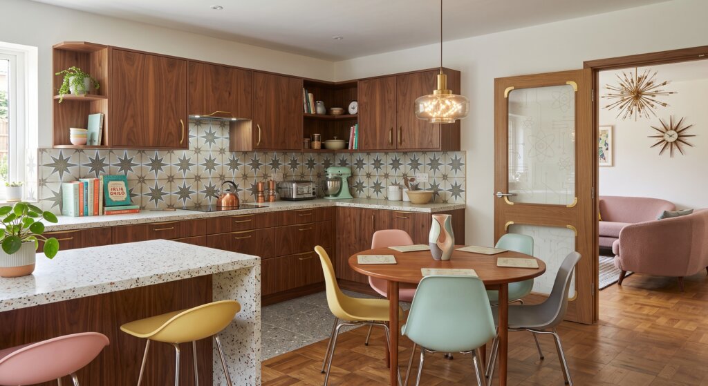 1950's inspired kitchen with sympathetic kitchen doors leading to a living room - Vivid Doors